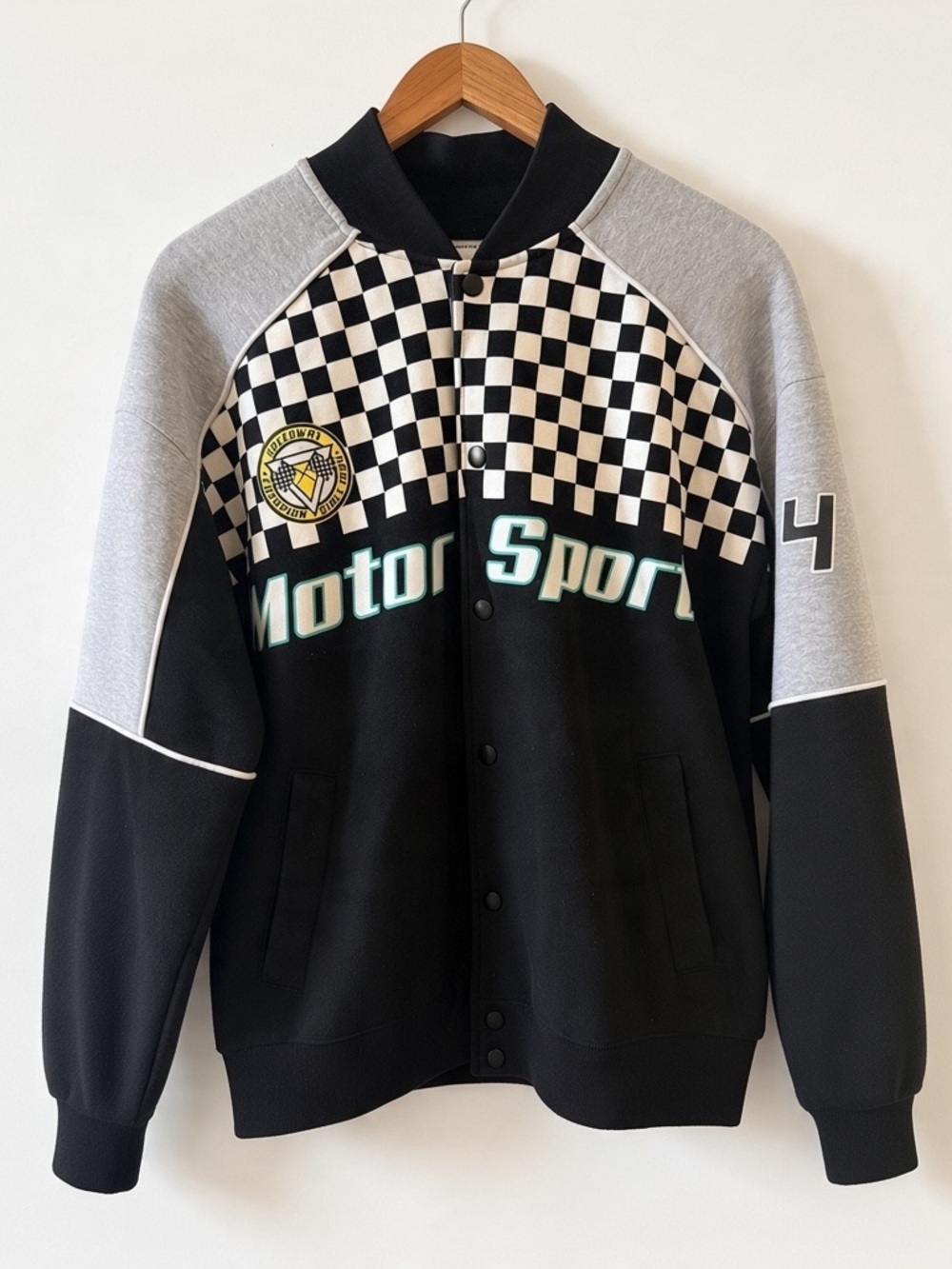 Checkered Moto Sport Racing Jacket Black White Motorcore Racercore Track Bomber